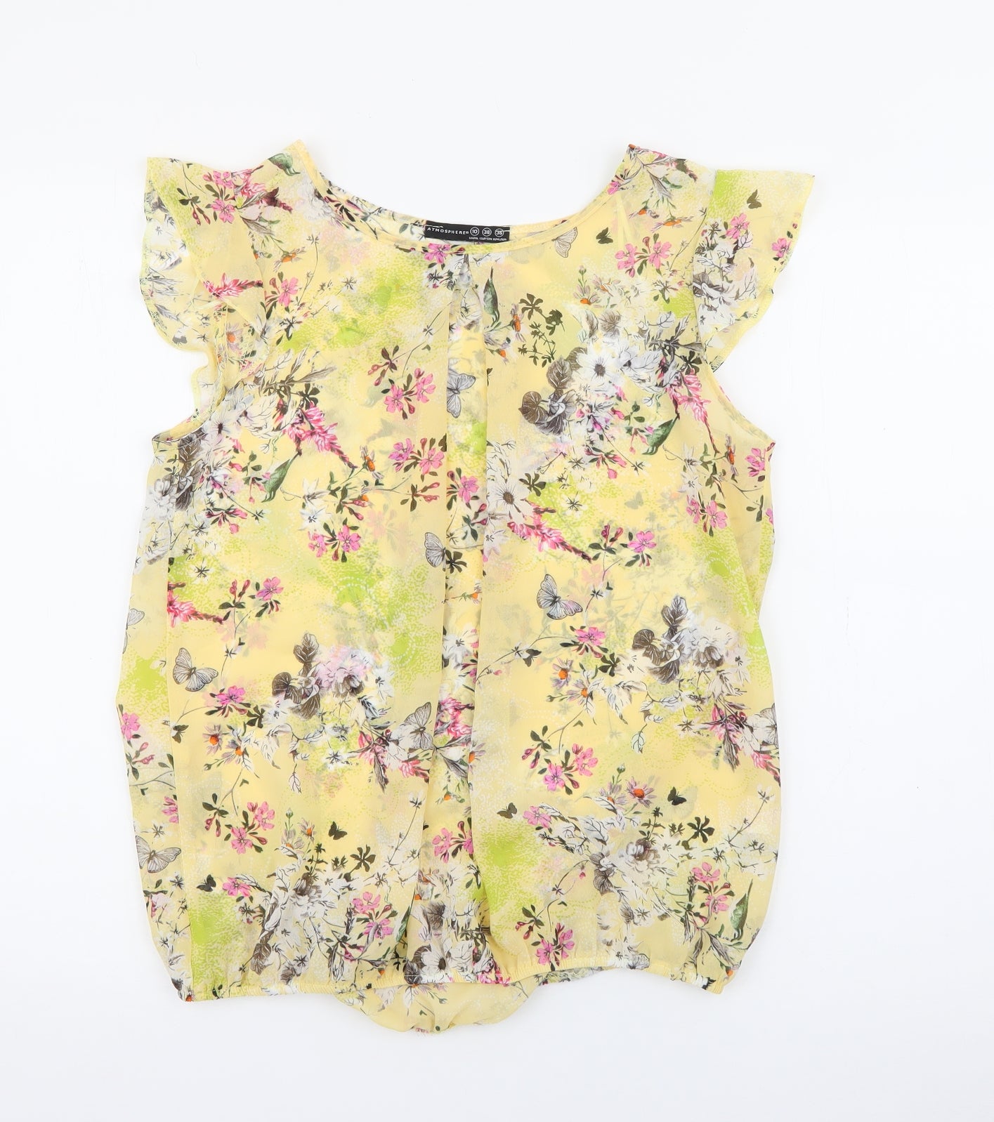 Primark Womens Yellow Floral Polyester Basic Blouse Size 10 Round Neck