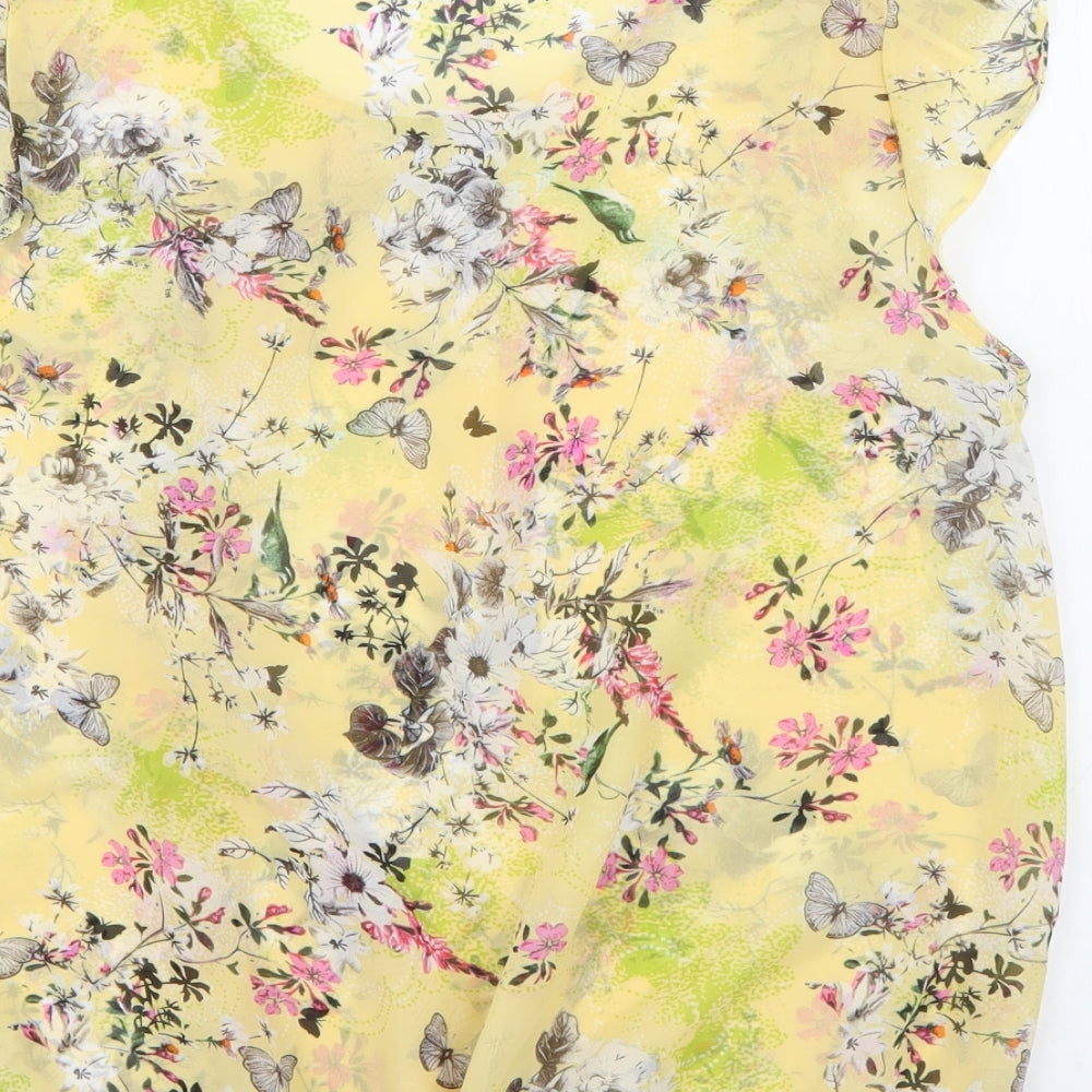 Primark Womens Yellow Floral Polyester Basic Blouse Size 10 Round Neck