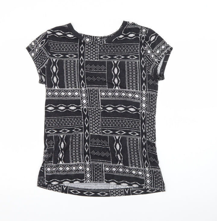 H&M Womens Blue Geometric Viscose Basic T-Shirt Size M Boat Neck