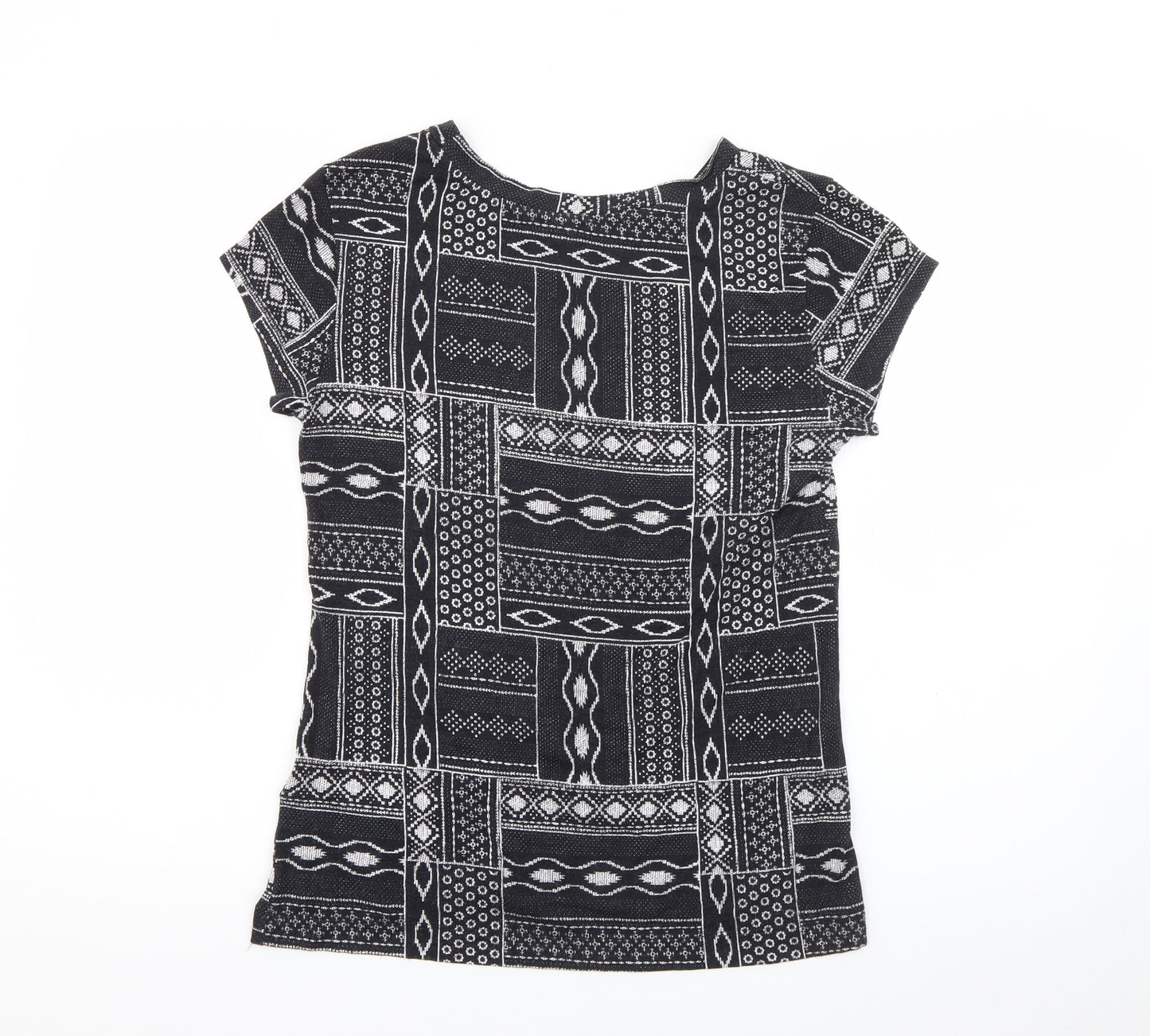 H&M Womens Blue Geometric Viscose Basic T-Shirt Size M Boat Neck
