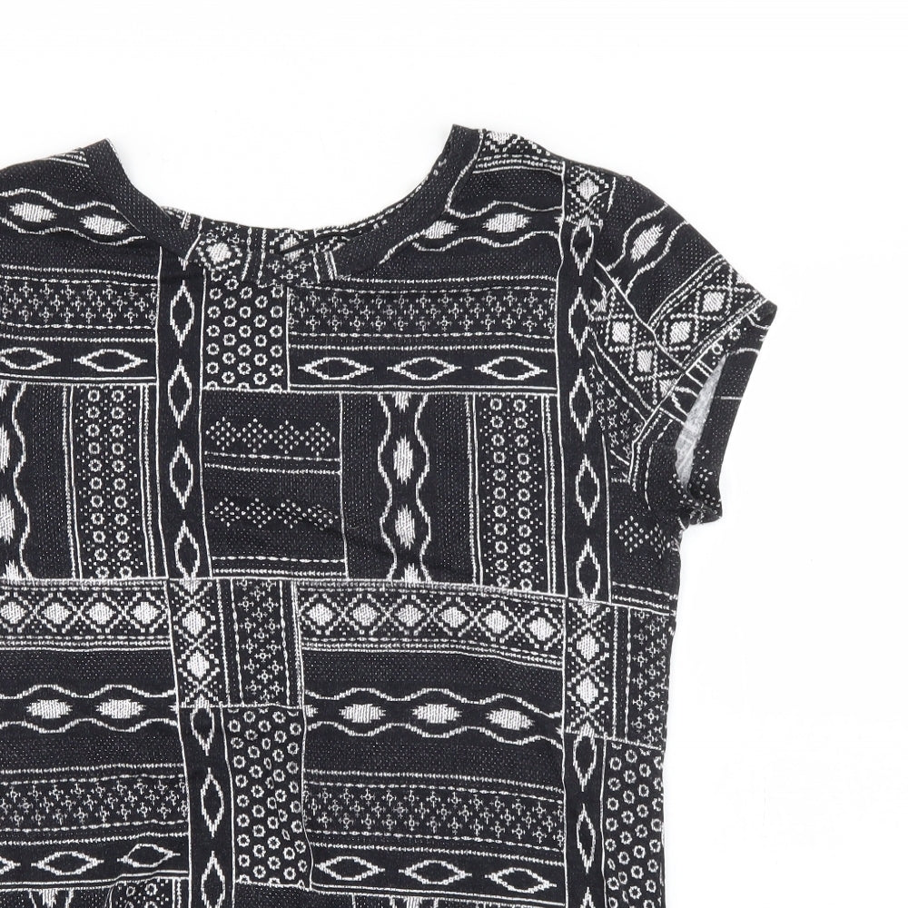 H&M Womens Blue Geometric Viscose Basic T-Shirt Size M Boat Neck