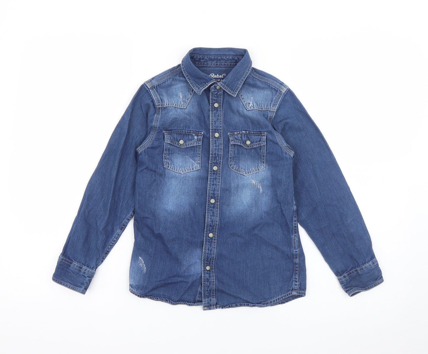 Primark Girls Blue  Cotton Basic Button-Up Size 7-8 Years Collared Snap