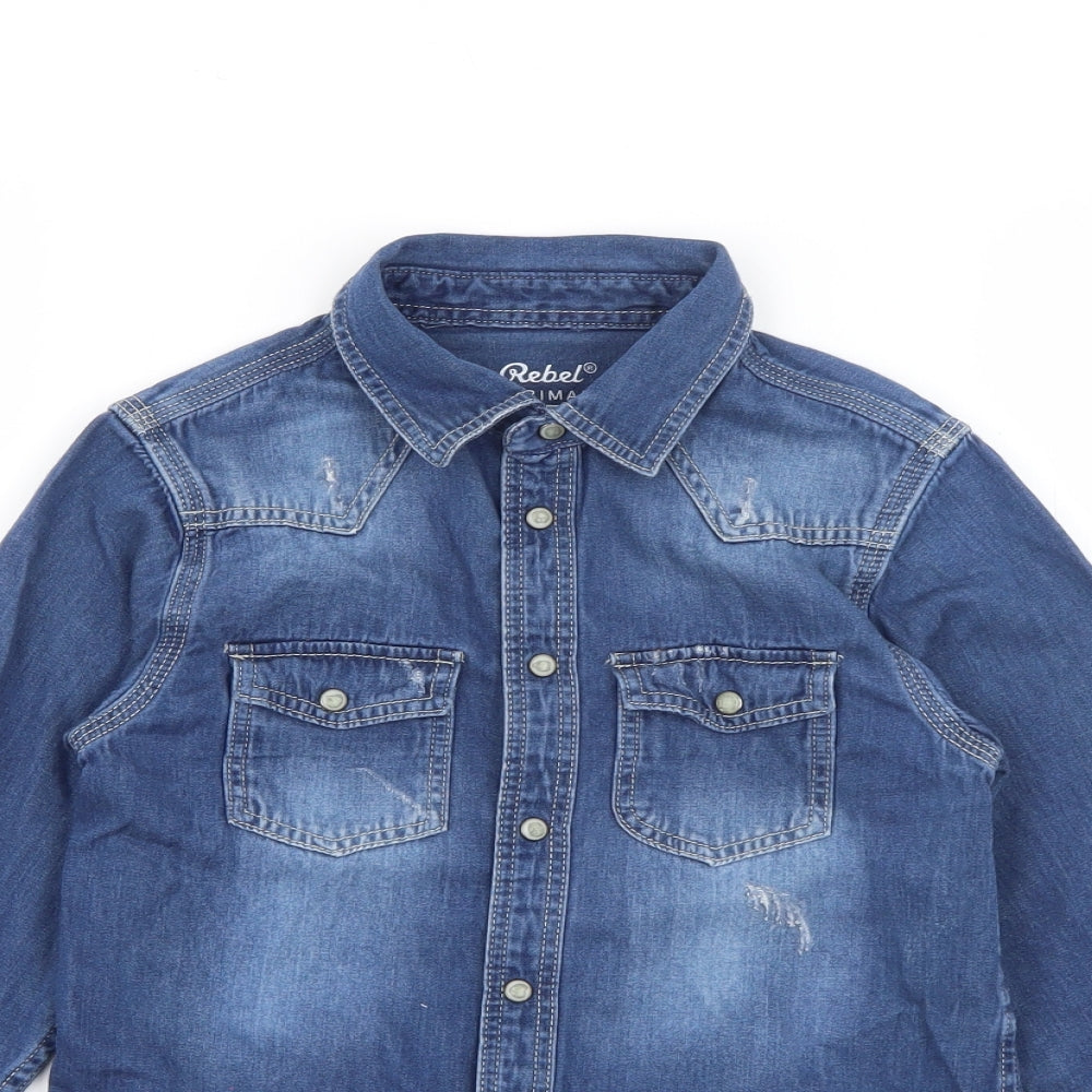 Primark Girls Blue  Cotton Basic Button-Up Size 7-8 Years Collared Snap