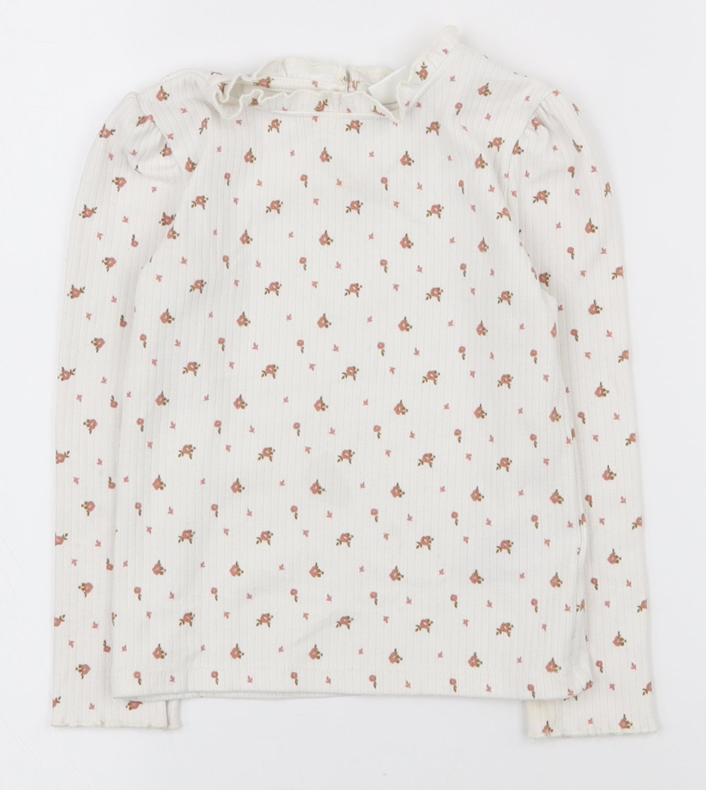 NEXT Girls White Floral Cotton Basic T-Shirt Size 2-3 Years Crew Neck Button
