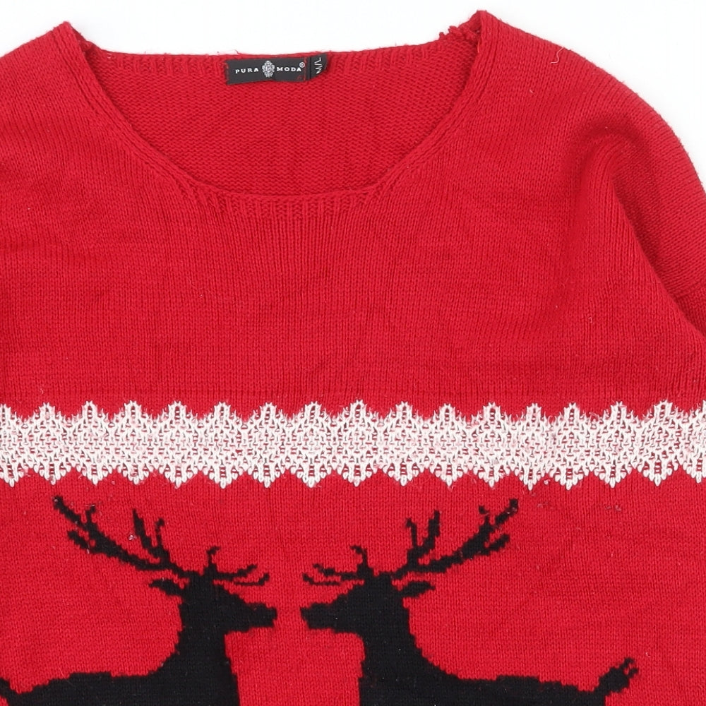 Pura Moda Womens Red Scoop Neck  Acrylic Pullover Jumper Size M   - Christmas jumper