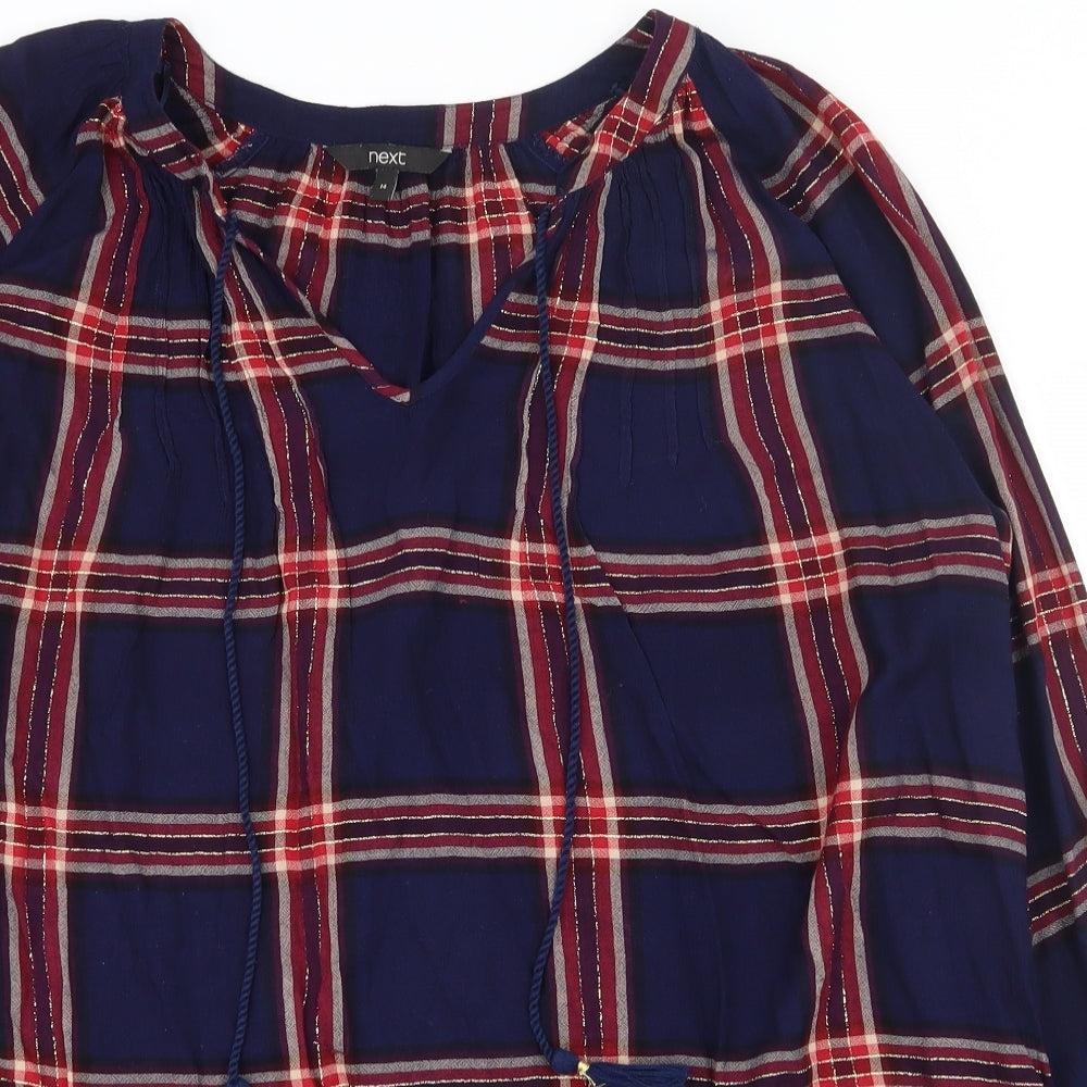 NEXT Womens Blue Plaid Viscose Basic Blouse Size 14 V-Neck