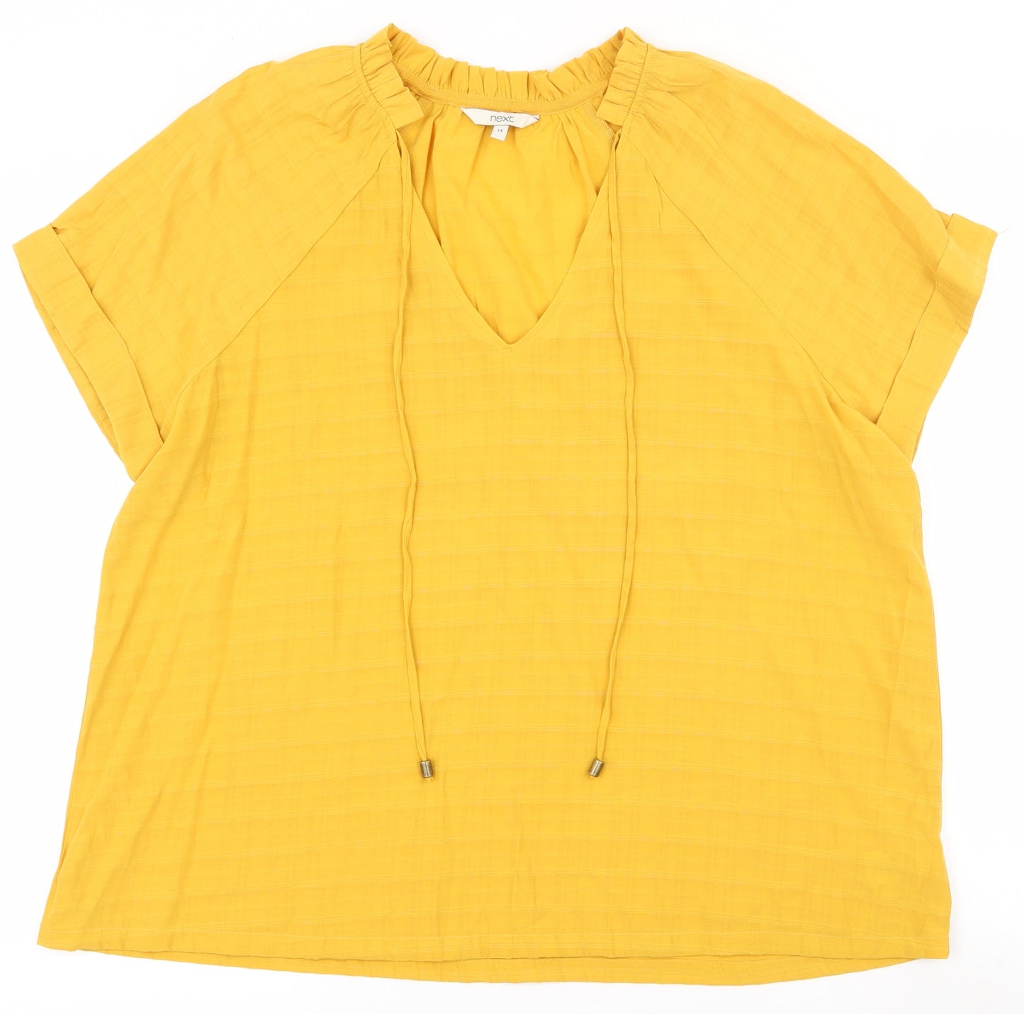 NEXT Womens Yellow Plaid Viscose Basic Blouse Size 14 V-Neck