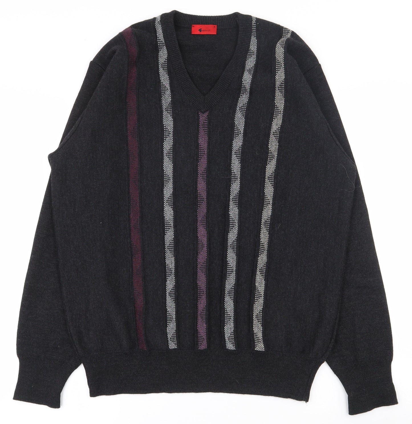 Gabicci Mens Grey V-Neck Striped Wool Pullover Jumper Size M