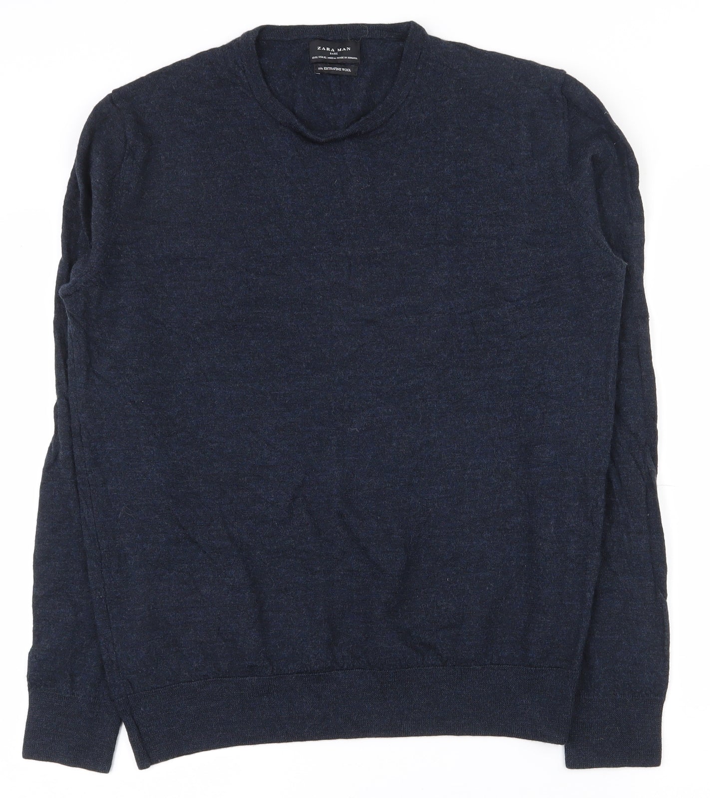 Zara Mens Blue Round Neck  Wool Pullover Jumper Size XL