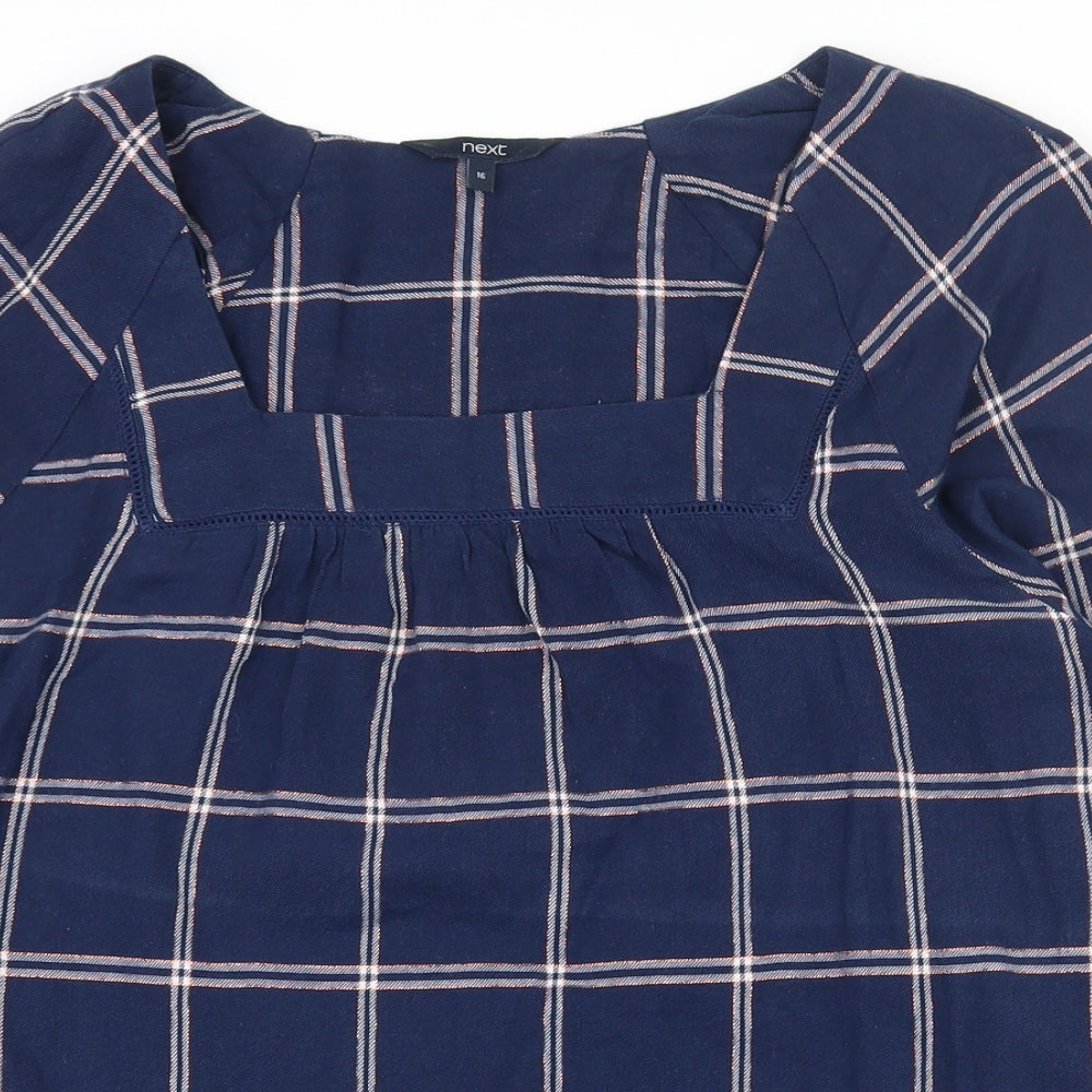 NEXT Womens Blue Plaid Cotton Basic Blouse Size 16 Square Neck