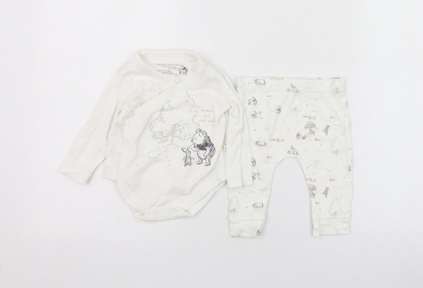 F&F Baby White  Cotton Trousers Outfit/Set Size 0-3 Months  Button - Winnie The Pooh