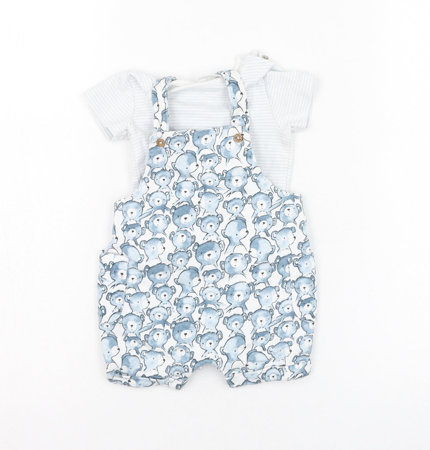 NEXT Boys Blue  Cotton Dungaree One-Piece Size 0-3 Months  Button - Bear