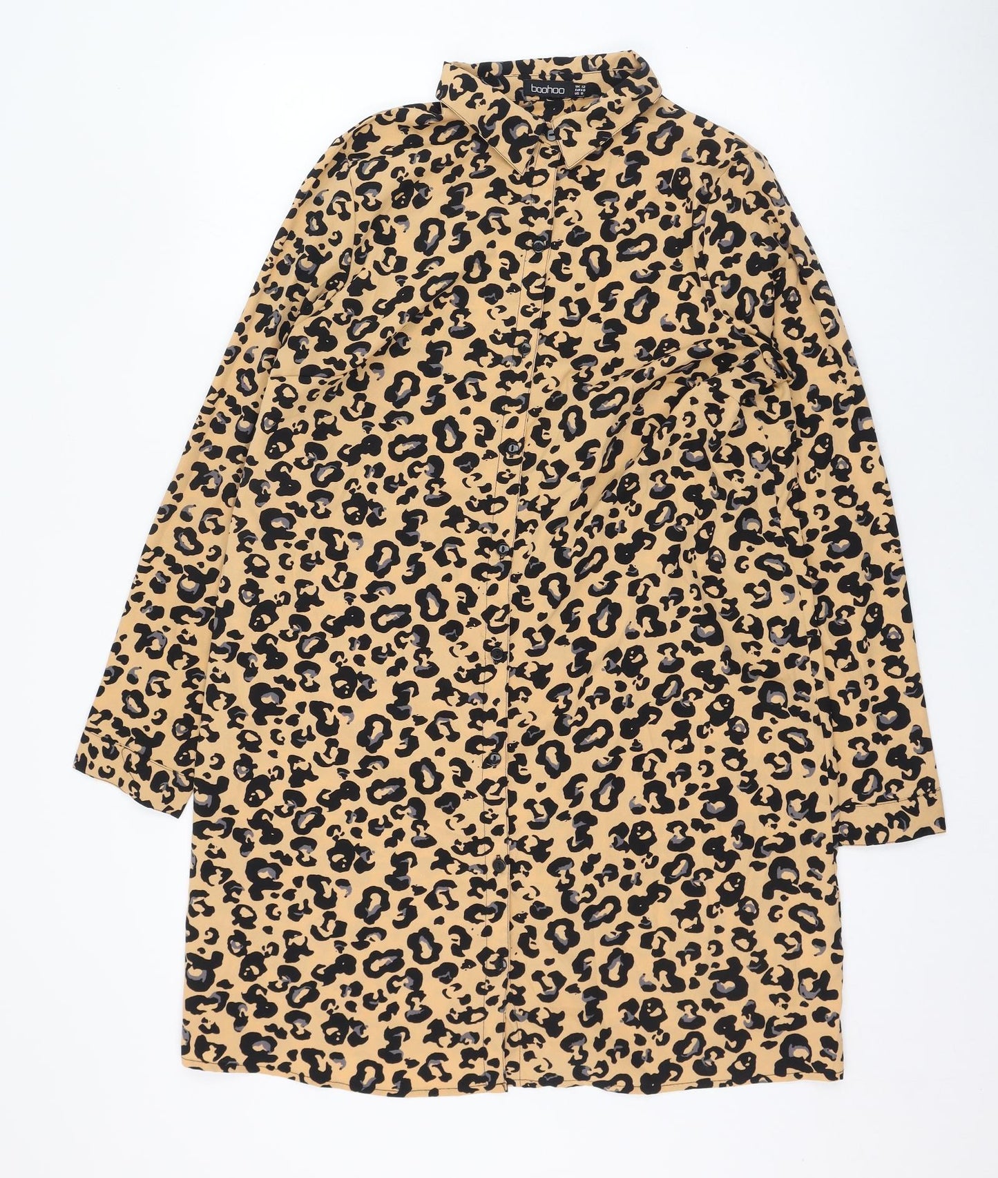 Boohoo Womens Brown Animal Print Polyester Basic Button-Up Size 12 Collared