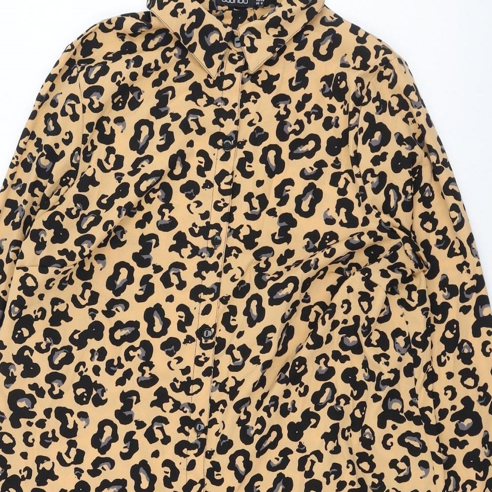 Boohoo Womens Brown Animal Print Polyester Basic Button-Up Size 12 Collared