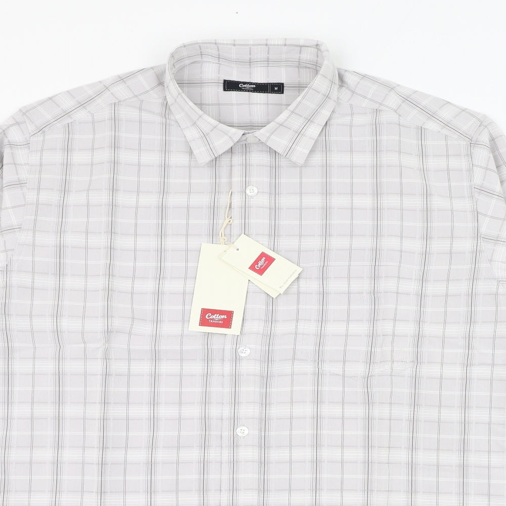 Cotton Traders Mens Grey Check Polyester  Dress Shirt Size M Collared Button