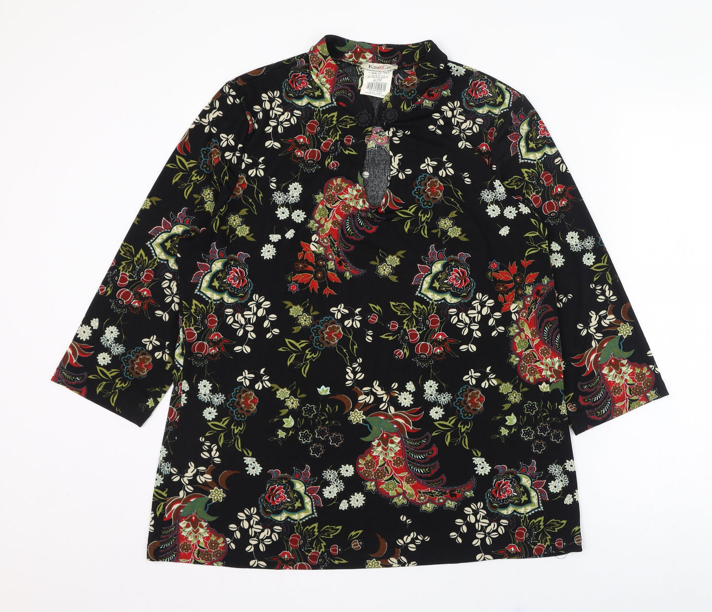 kIM & Co Womens Black Floral Polyester Tunic Blouse Size 2XL Round Neck