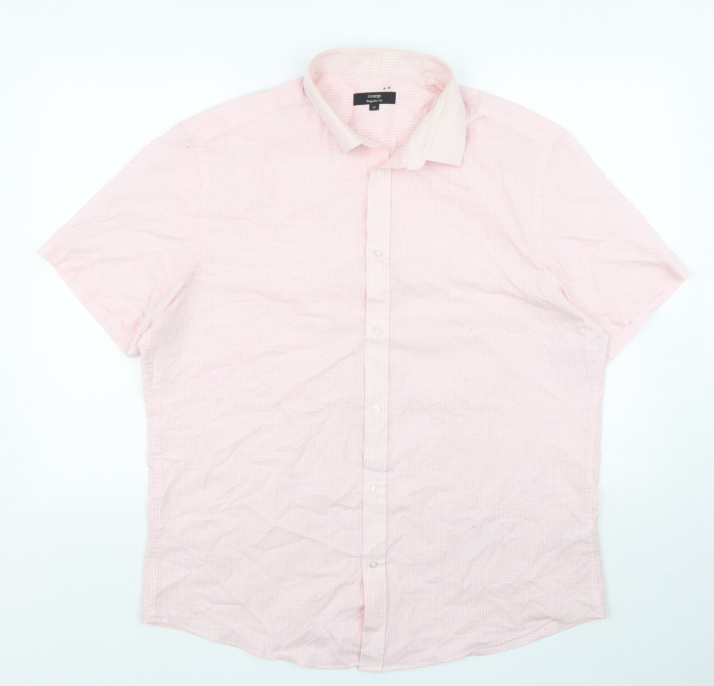 George Mens Pink Check Polyester  Dress Shirt Size 17 Collared