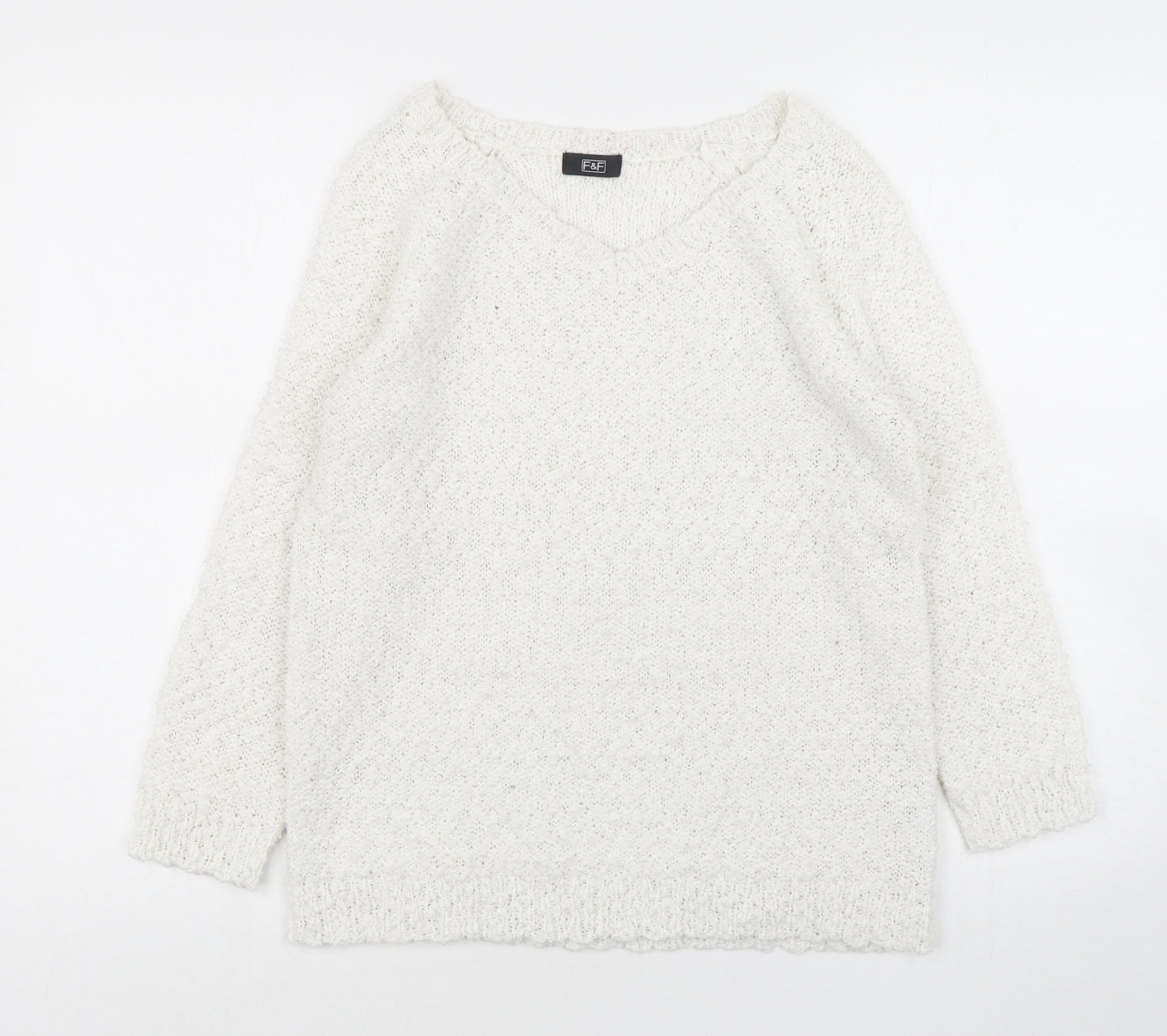 F&F Womens White V-Neck  Polyester Pullover Jumper Size 10