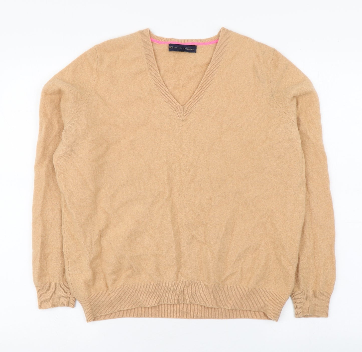 Marks and Spencer Womens Beige V-Neck  Cashmere Pullover Jumper Size 18
