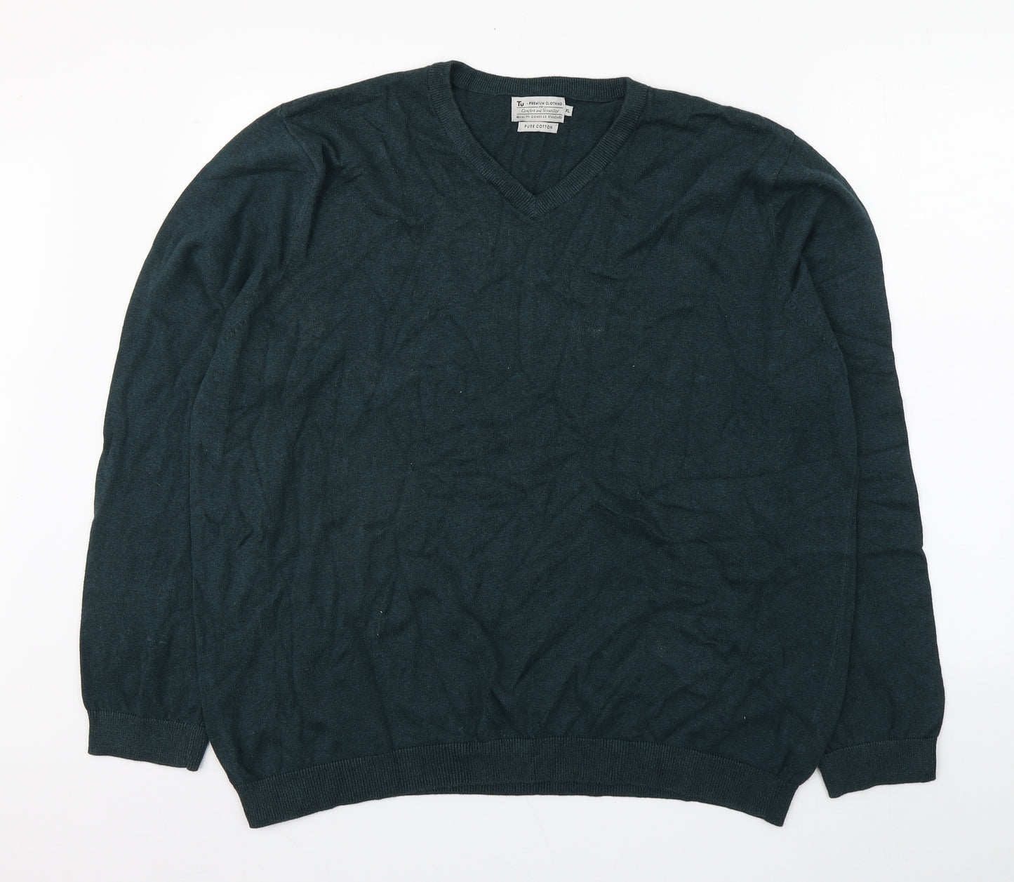 TU Mens Green V-Neck  Cotton Pullover Jumper Size XL
