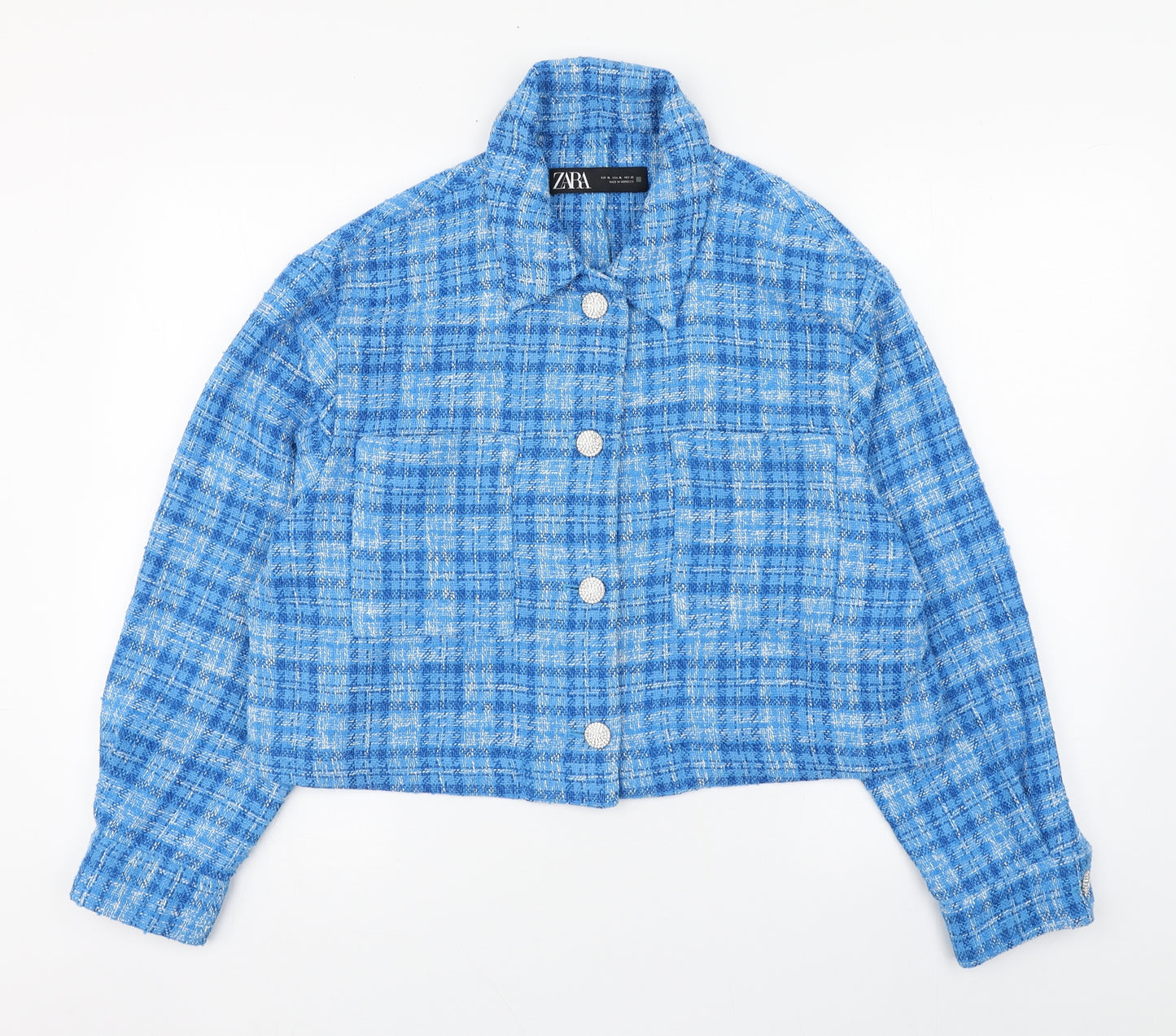 Zara Womens Blue Plaid  Jacket Blazer Size XL  Button