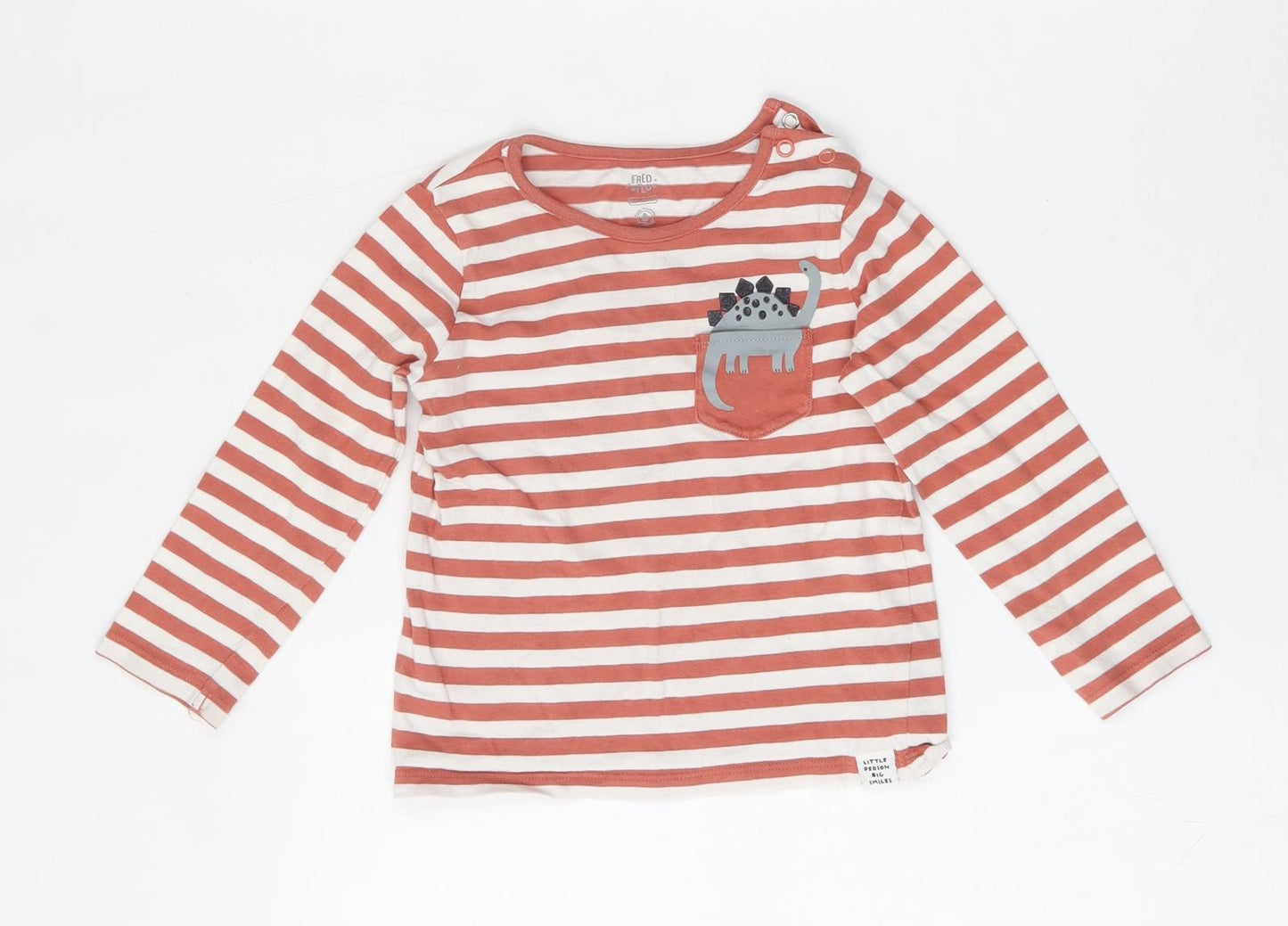 F&F Boys Multicoloured Striped Cotton Basic T-Shirt Size 18-24 Months Round Neck Button - Dinosaurs