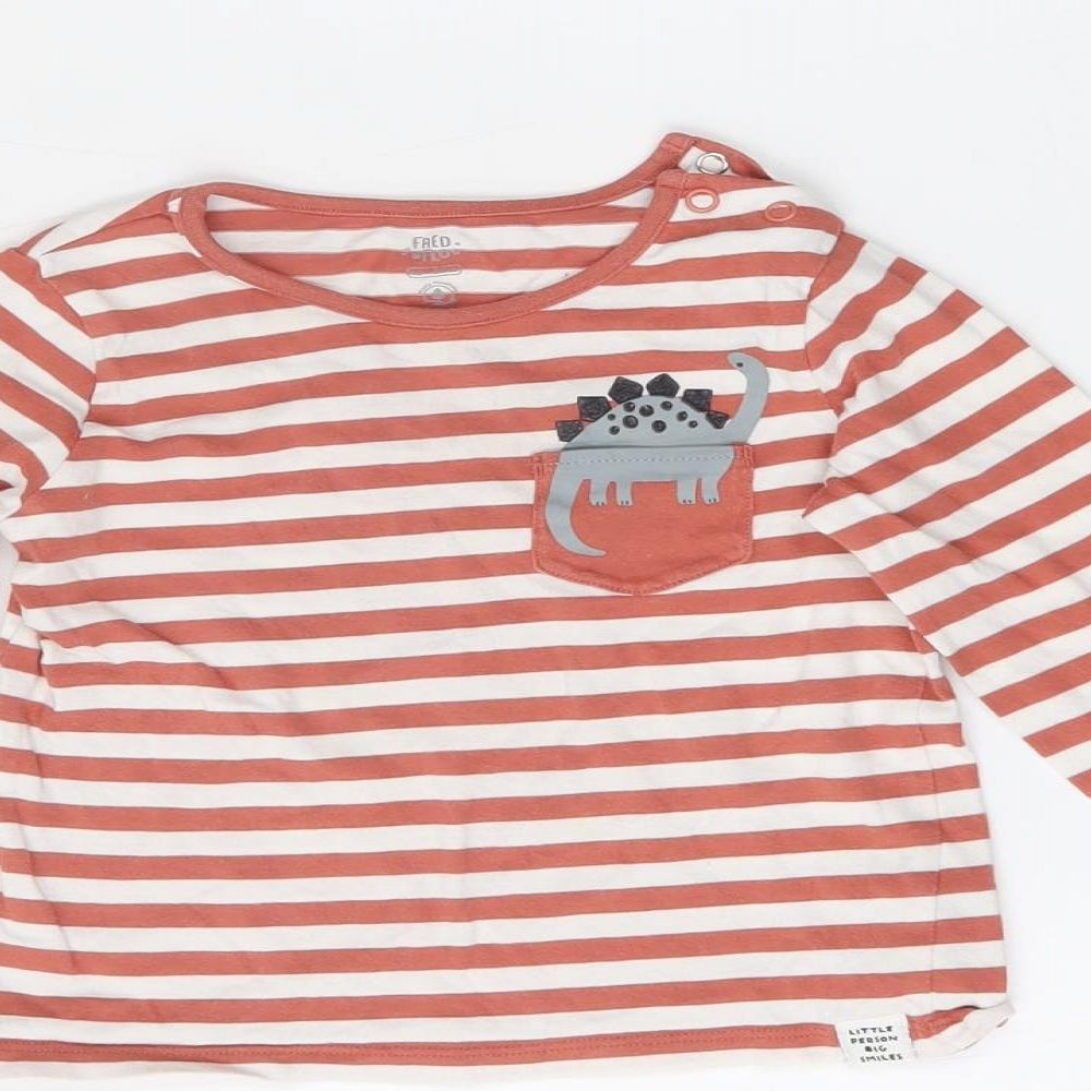 F&F Boys Multicoloured Striped Cotton Basic T-Shirt Size 18-24 Months Round Neck Button - Dinosaurs