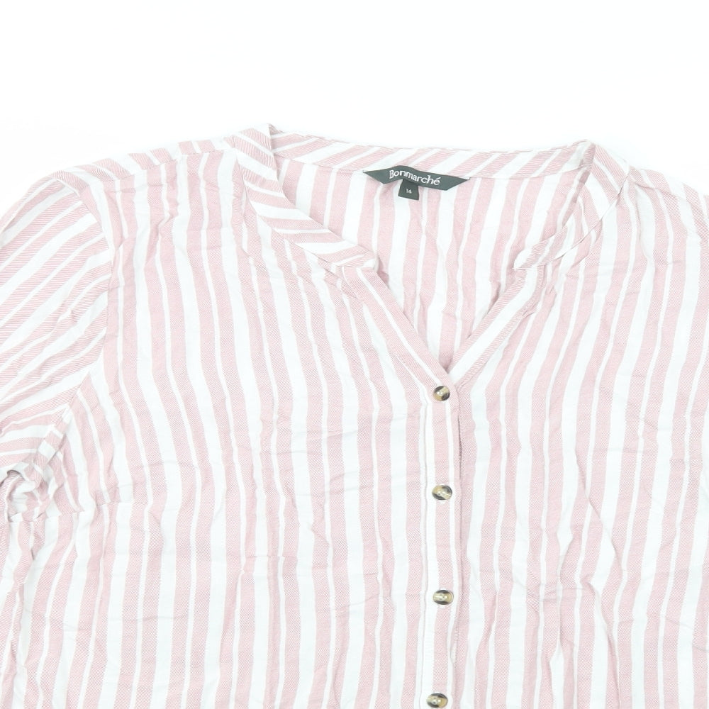 Bonmarché Womens Pink Striped Viscose Basic Button-Up Size 16 V-Neck