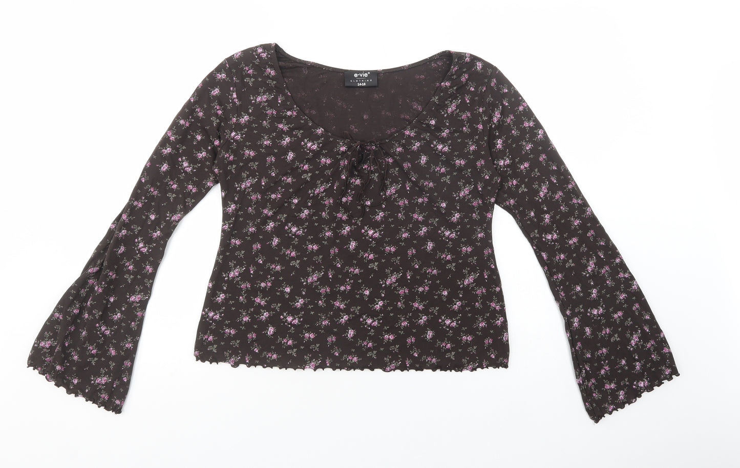 E-vie Womens Brown Floral Polyester Basic Blouse Size 14 Boat Neck