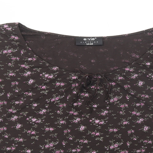 E-vie Womens Brown Floral Polyester Basic Blouse Size 14 Boat Neck