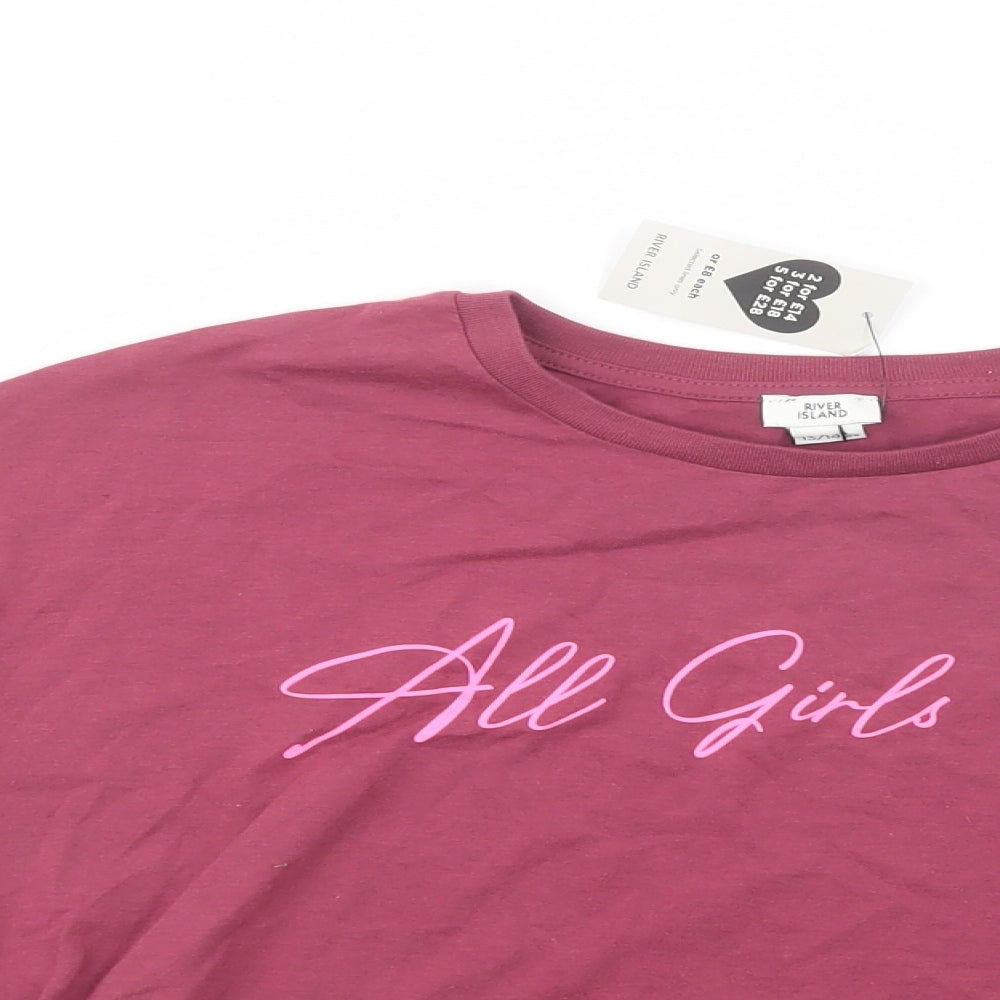 River Island Girls Purple  Cotton Pullover T-Shirt Size 13-14 Years Crew Neck Pullover - All Girls can