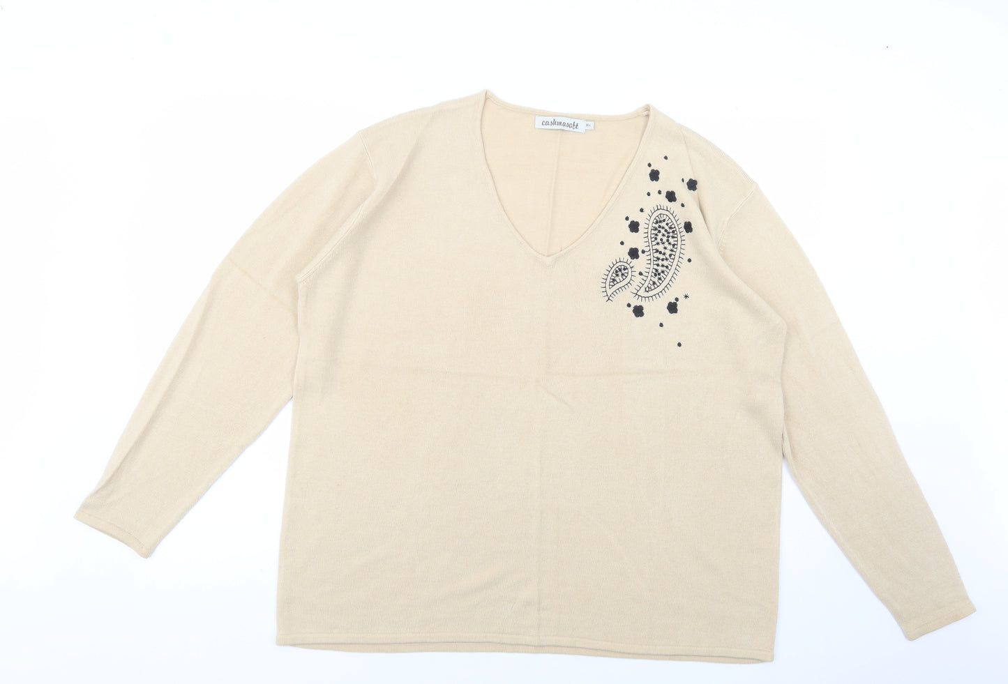 Cashmasoft Womens Beige V-Neck  Acrylic Pullover Jumper Size XL