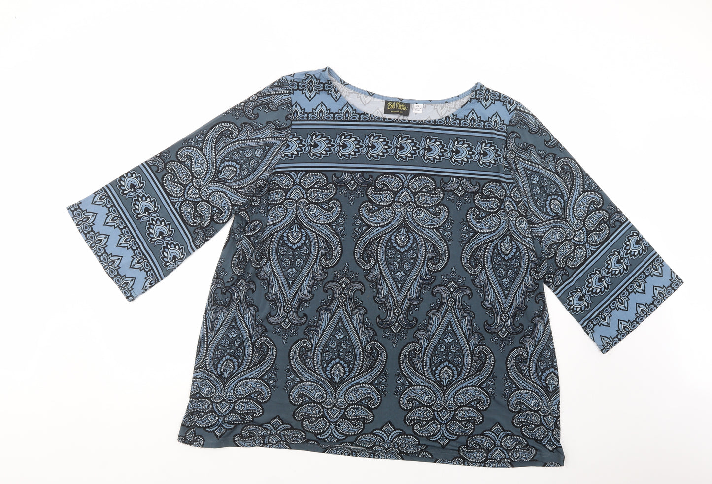 Bob Mackie Womens Blue Paisley Polyester Basic Blouse Size 2XL Boat Neck