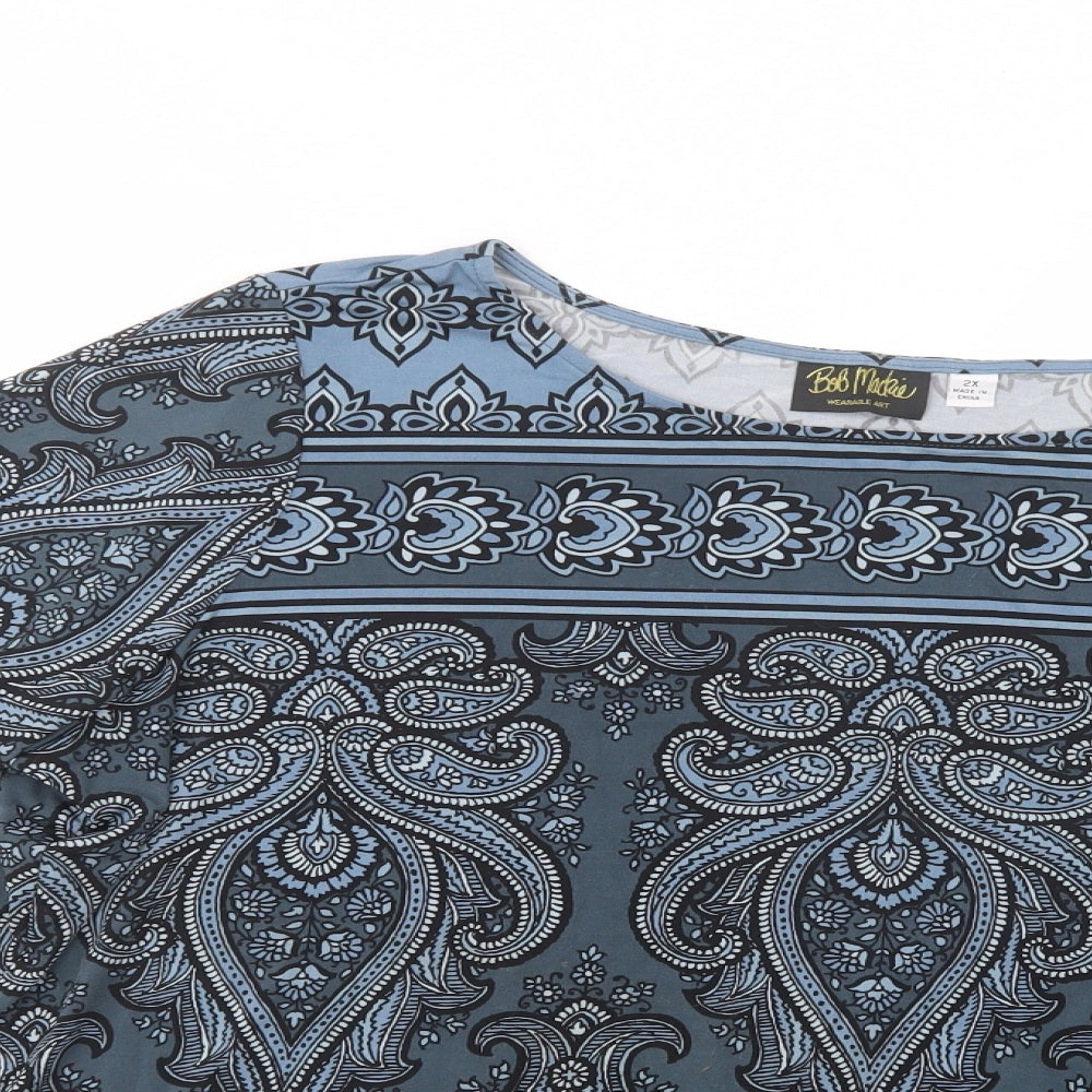 Bob Mackie Womens Blue Paisley Polyester Basic Blouse Size 2XL Boat Neck