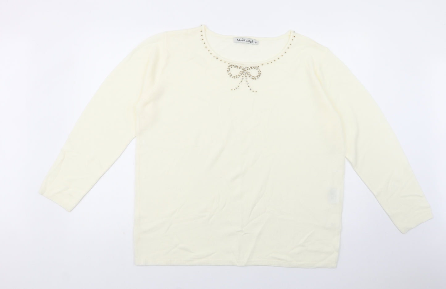 Cashmasoft Womens Ivory Boat Neck  Acrylic Pullover Jumper Size XL   - Embellished Neckline