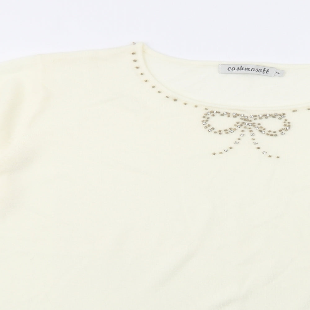 Cashmasoft Womens Ivory Boat Neck  Acrylic Pullover Jumper Size XL   - Embellished Neckline