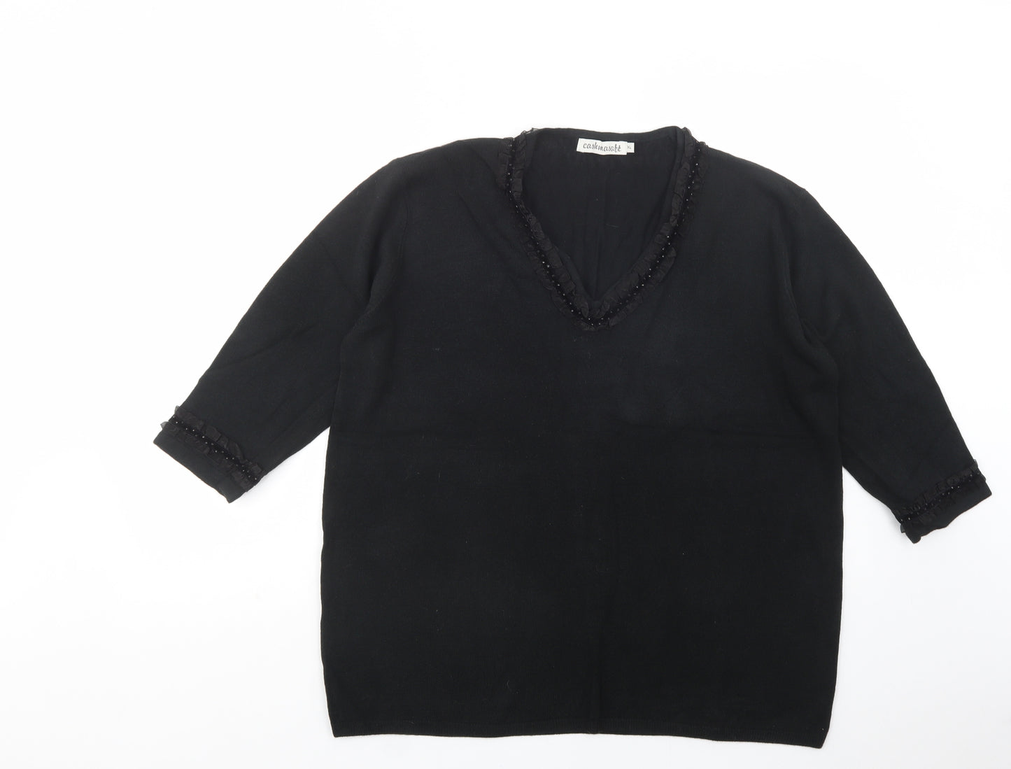 Cashmasoft Womens Black V-Neck  Acrylic Pullover Jumper Size XL   - Embellished Neckline