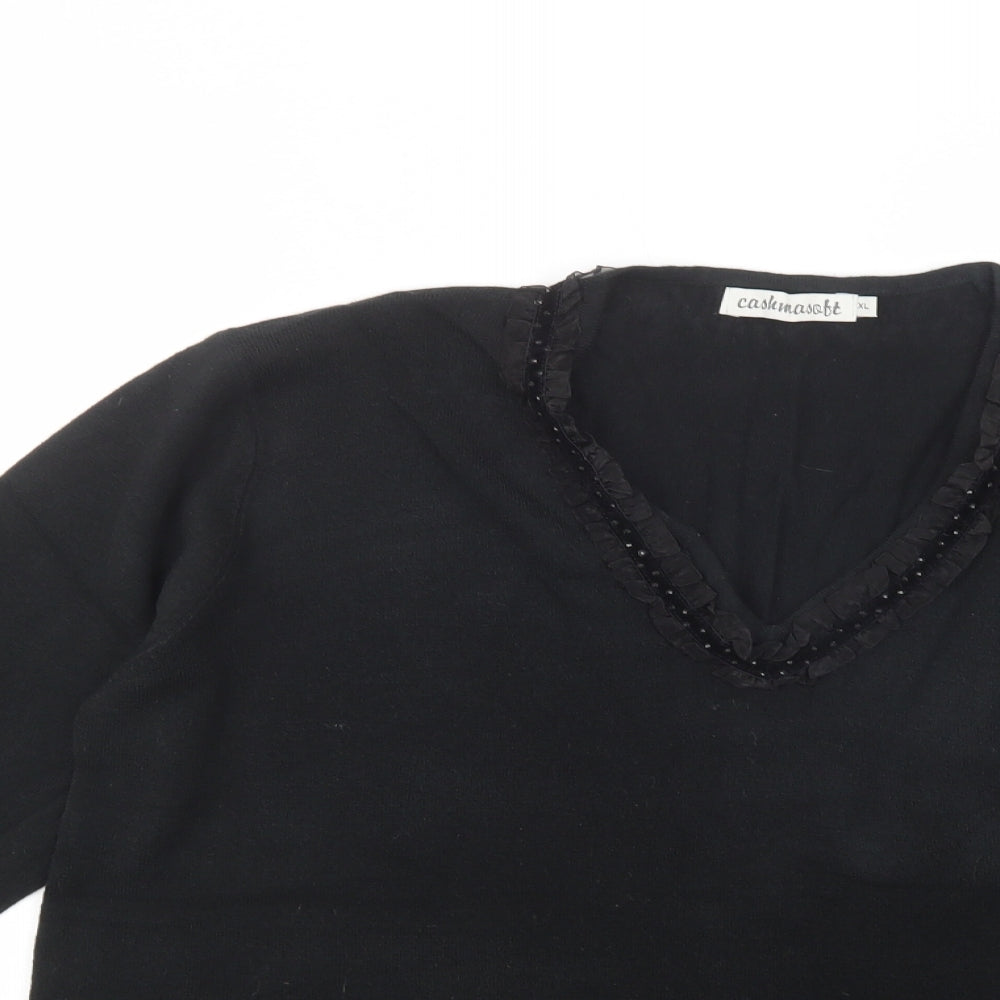 Cashmasoft Womens Black V-Neck  Acrylic Pullover Jumper Size XL   - Embellished Neckline