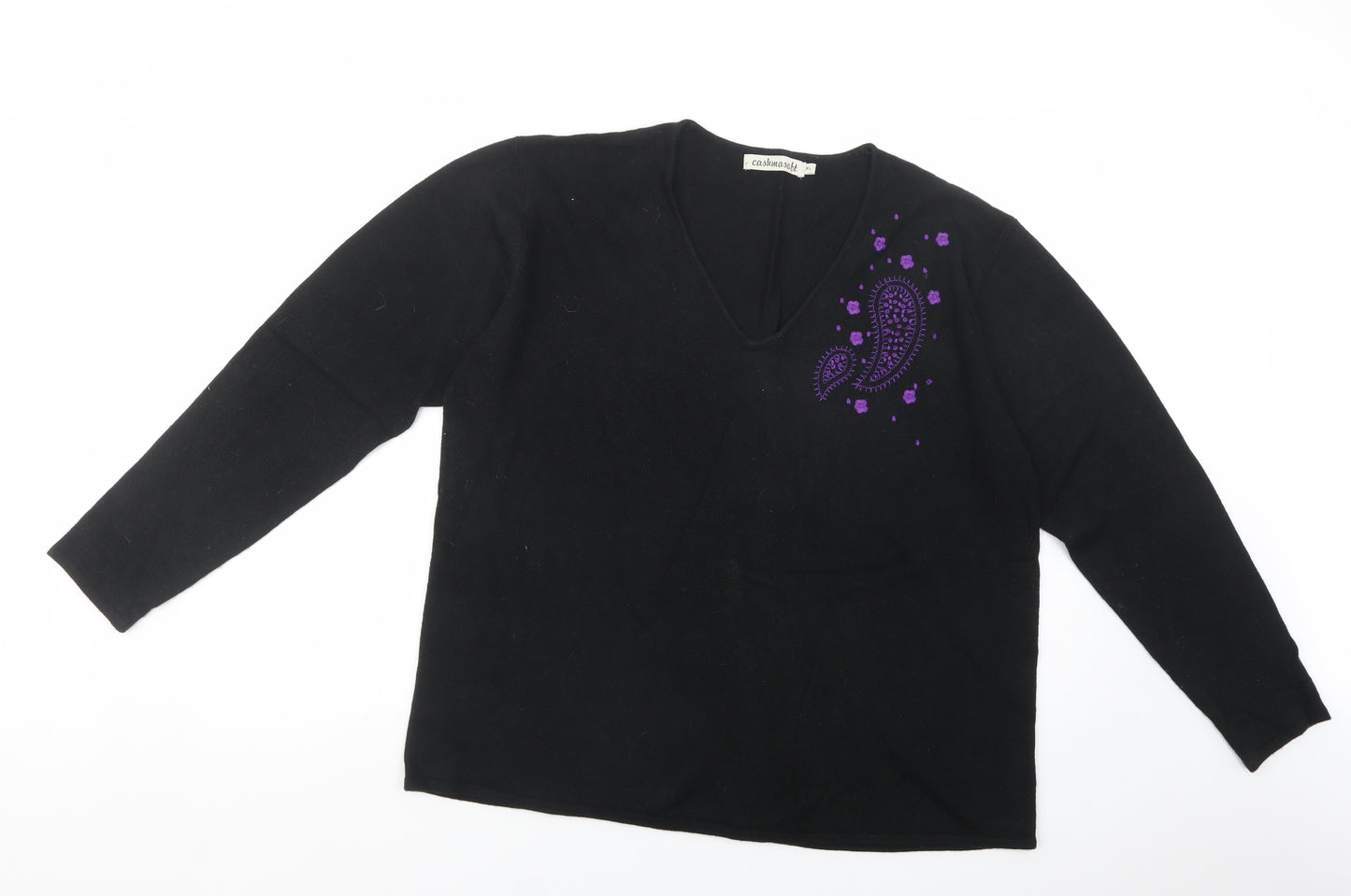 Cashmasoft Womens Black V-Neck  Acrylic Pullover Jumper Size XL