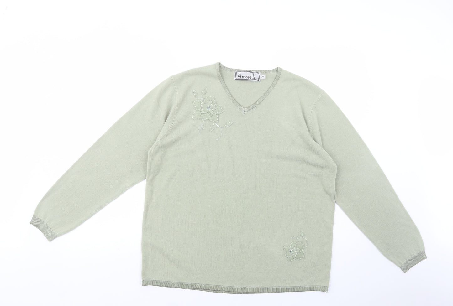 Amoretti Womens Green V-Neck  Acrylic Pullover Jumper Size L