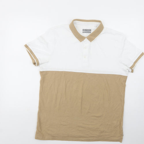 TU Mens Beige Colourblock Cotton  Polo Size M Collared Button
