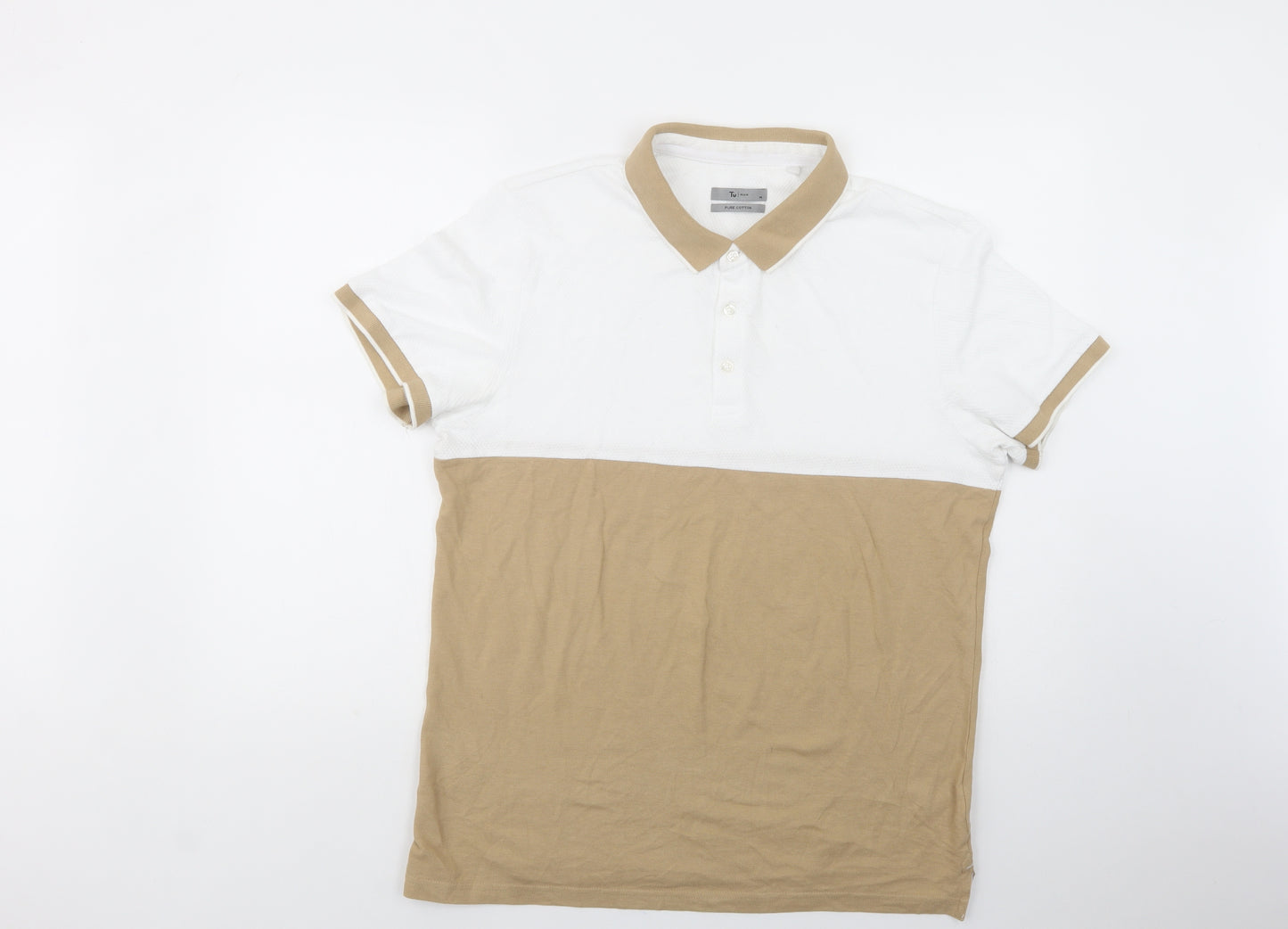 TU Mens Beige Colourblock Cotton  Polo Size M Collared Button