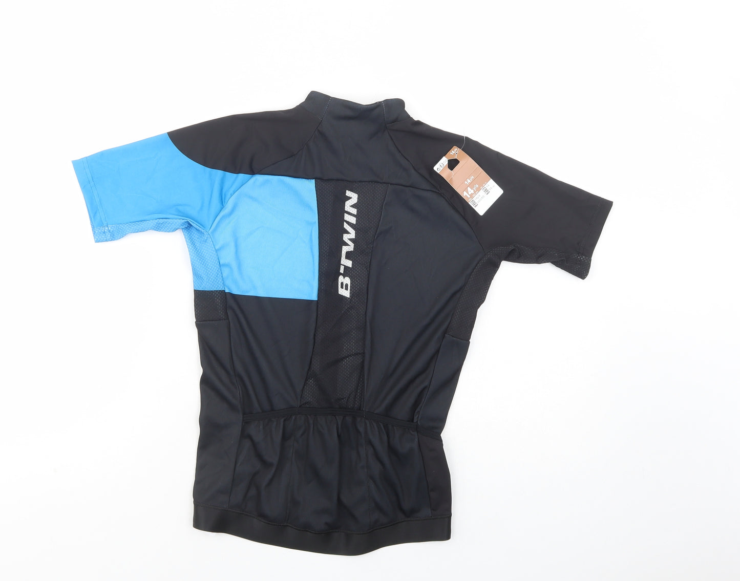 DECATHLON Boys Black Colourblock Polyester Jersey T-Shirt Size 14 Years High Neck Zip