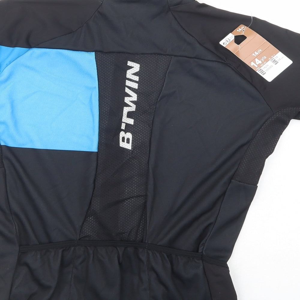 DECATHLON Boys Black Colourblock Polyester Jersey T-Shirt Size 14 Years High Neck Zip