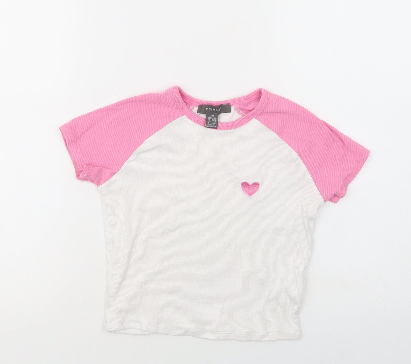 Primark Womens White Colourblock Cotton Cropped T-Shirt Size 6 Crew Neck - Heart