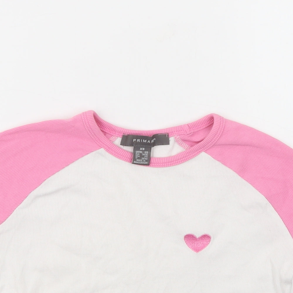 Primark Womens White Colourblock Cotton Cropped T-Shirt Size 6 Crew Neck - Heart