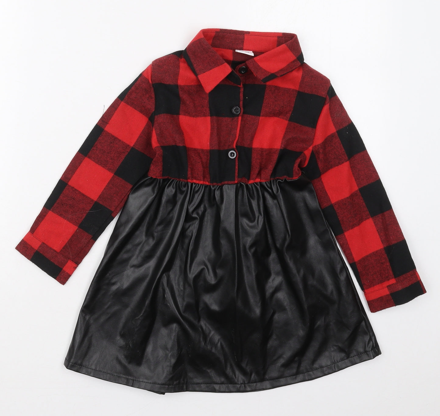 Pat Pat Girls Red Check Polyester Skater Dress  Size 4-5 Years  Collared Button