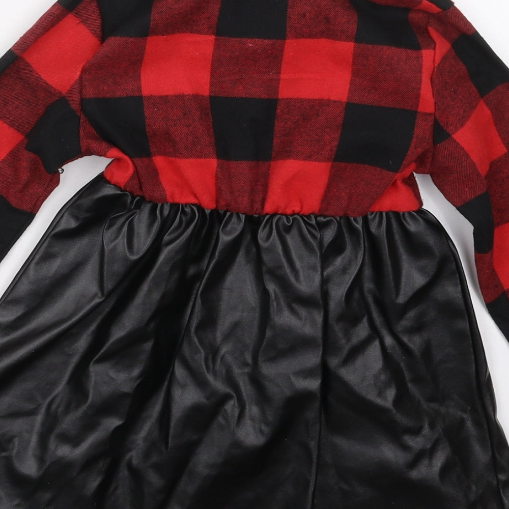 Pat Pat Girls Red Check Polyester Skater Dress  Size 4-5 Years  Collared Button