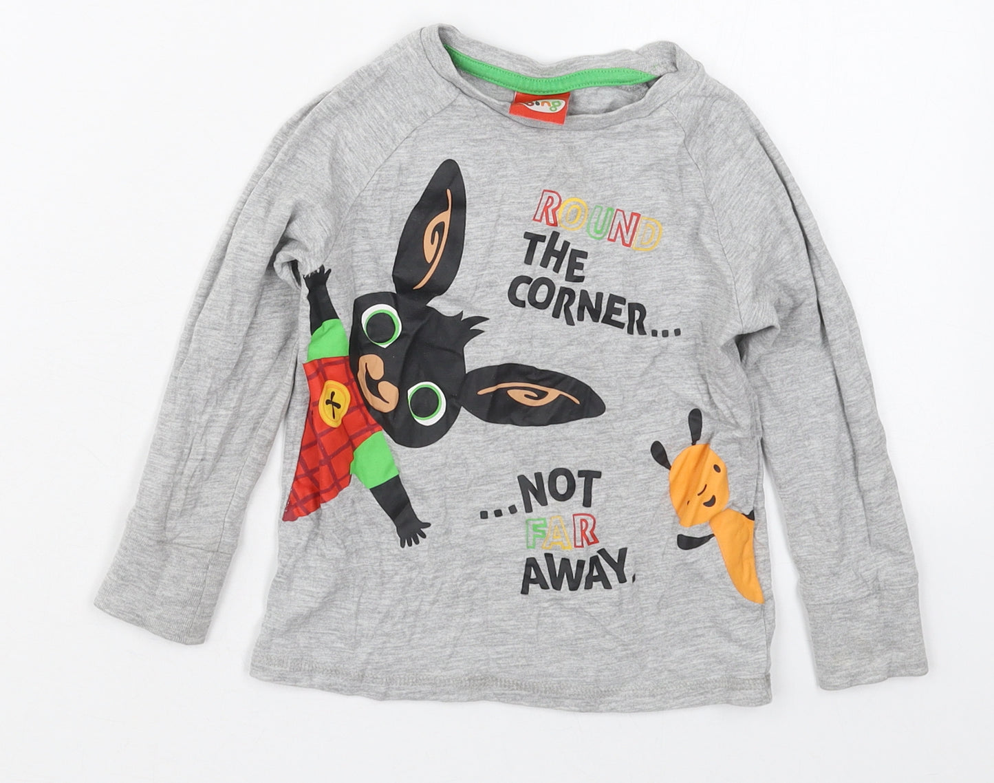 Bing Boys Grey  Cotton Basic T-Shirt Size 2-3 Years Crew Neck Pullover - Bing Round the Corner Not Far Away