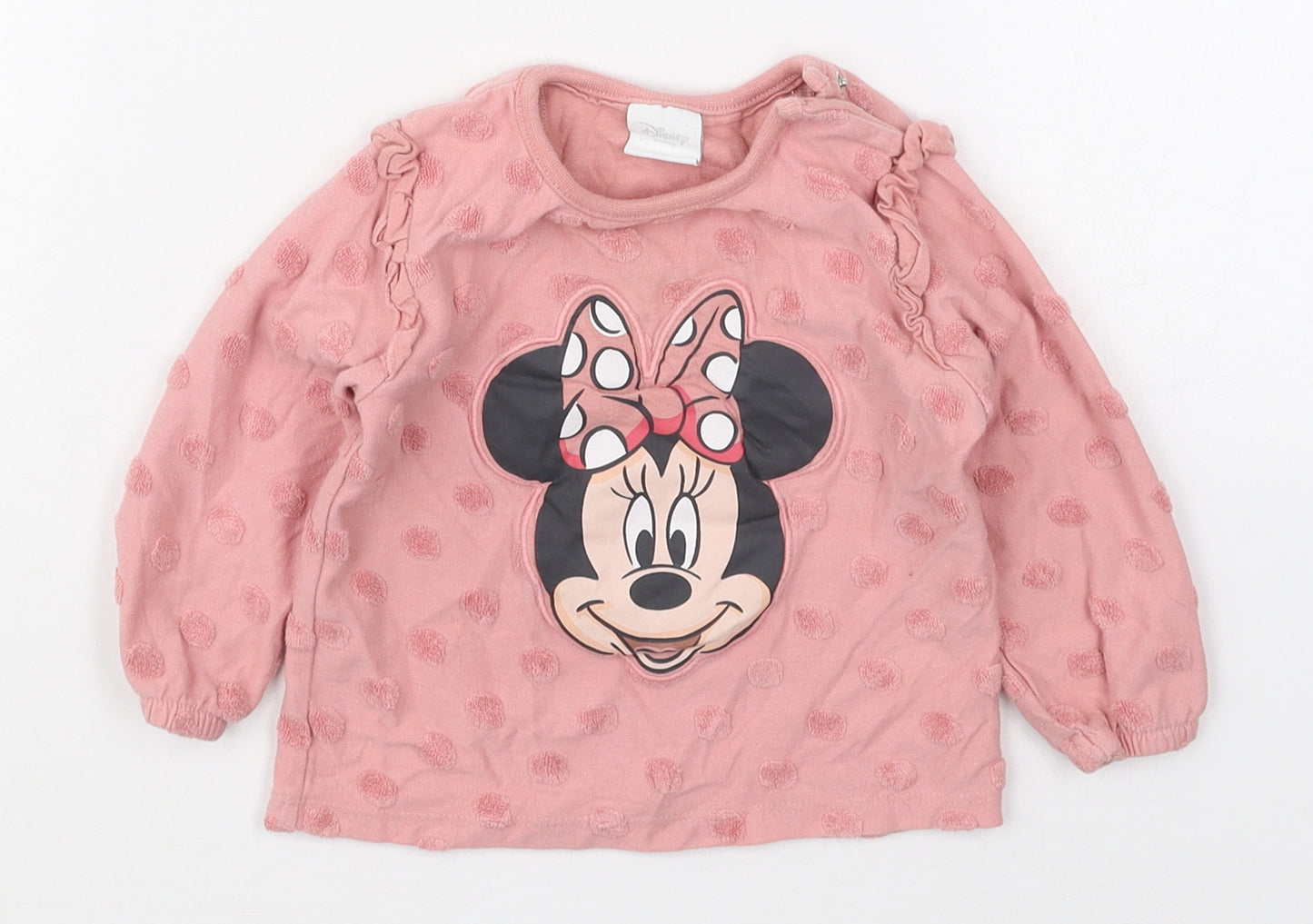 Tesco Girls Pink Polka Dot Cotton Basic T-Shirt Size 9-12 Months Crew Neck Pullover - Minnie Mouse